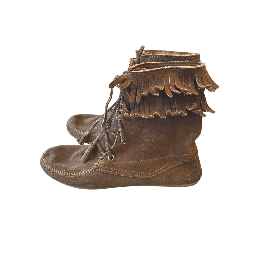 Minnetonka Tramper Double‎ Fringe Brown Suede Lace Up Boot Boho Festival Size 8 - Picture 3 of 8